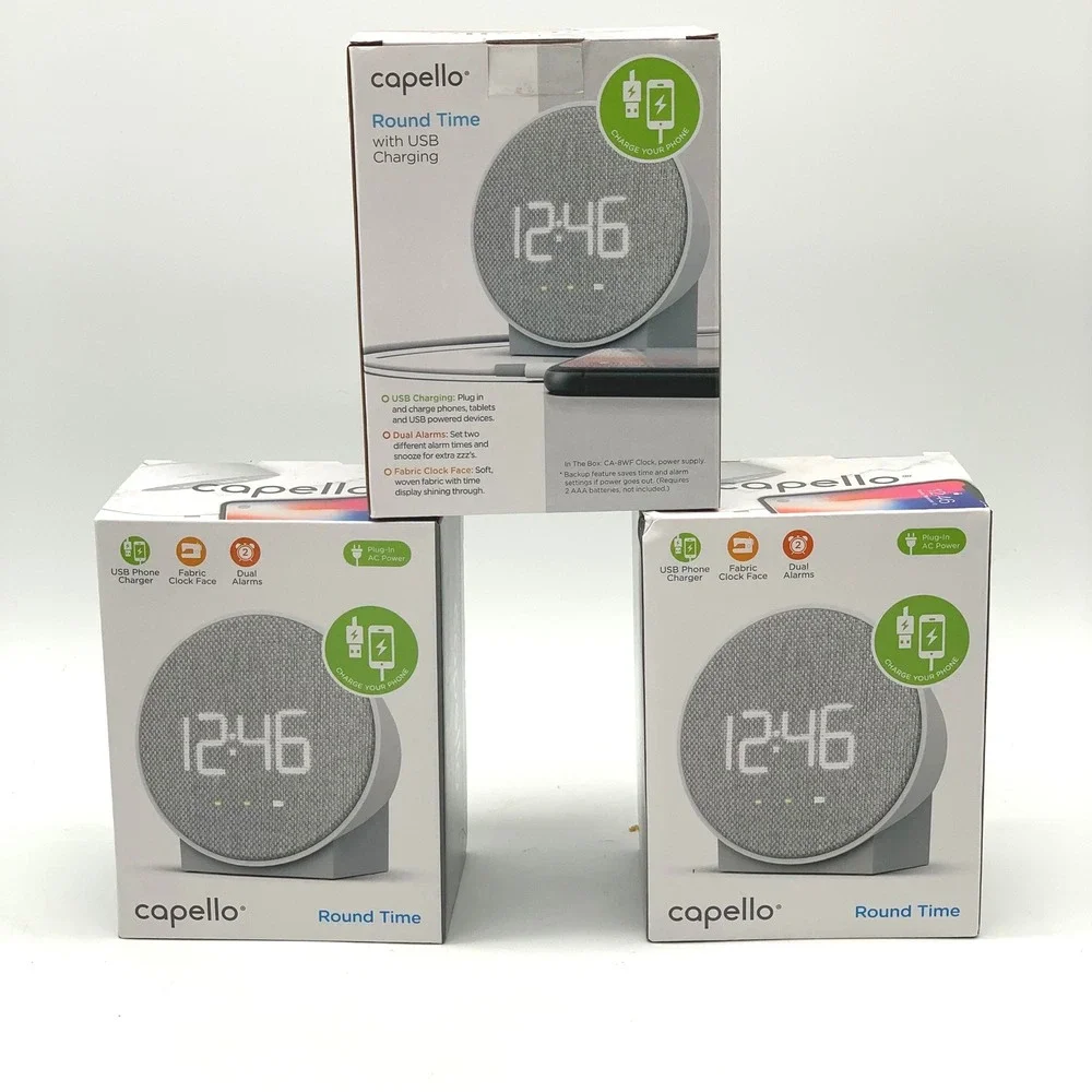 Capello Round Time Alarm Clock Grey Fabric Face USB‎ Charging Dual Alarm CA-8WF